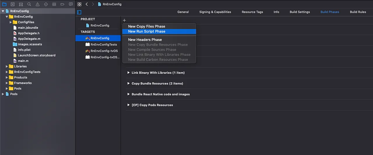 Example of Run Script Phase being added to target Build Phases